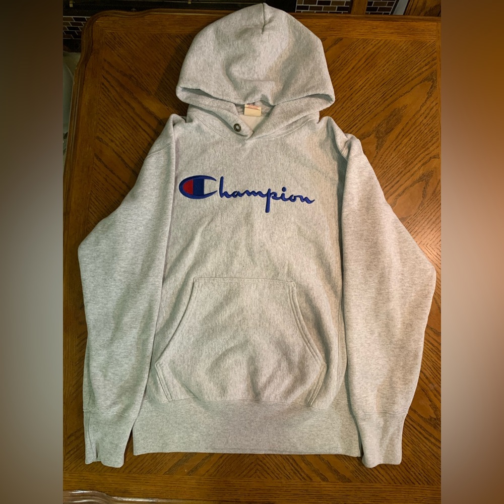 Champion Warm Up Hoodie Size Large Reverse Weave Logo Spell out Gray Small Stain